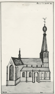 De Helmondse Lambertuskerk getekend door Hendrik Verhees, landmeter te Boxtel op 18 oktober 1802