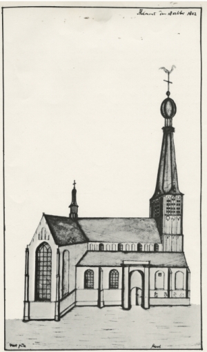 De Helmondse Lambertuskerk getekend door Hendrik Verhees, landmeter te Boxtel op 18 oktober 1802