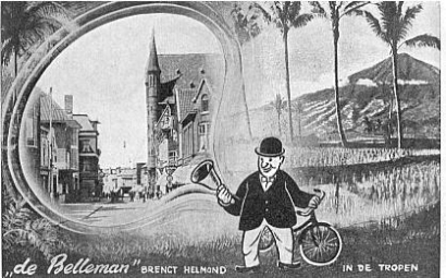 Ansichtkaart met het logo van De Belleman, een foto van de Veestraat en een uit Nederlands-Indië.